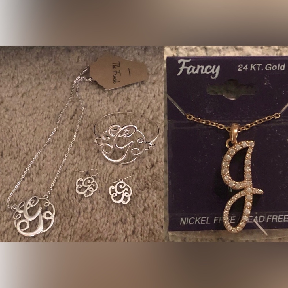Silver “G” Script Monogram Jewelry Set & “G” Initial Necklace with Sparkly Sones